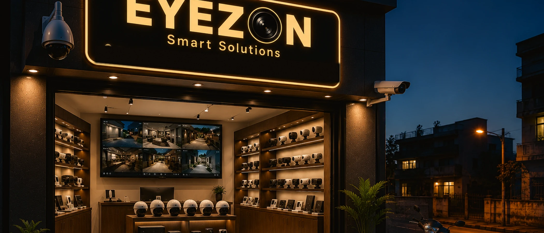 EYEZON Smart Solutions shop front in Azad Nagar, Mango, Jamshedpur, lit at dusk