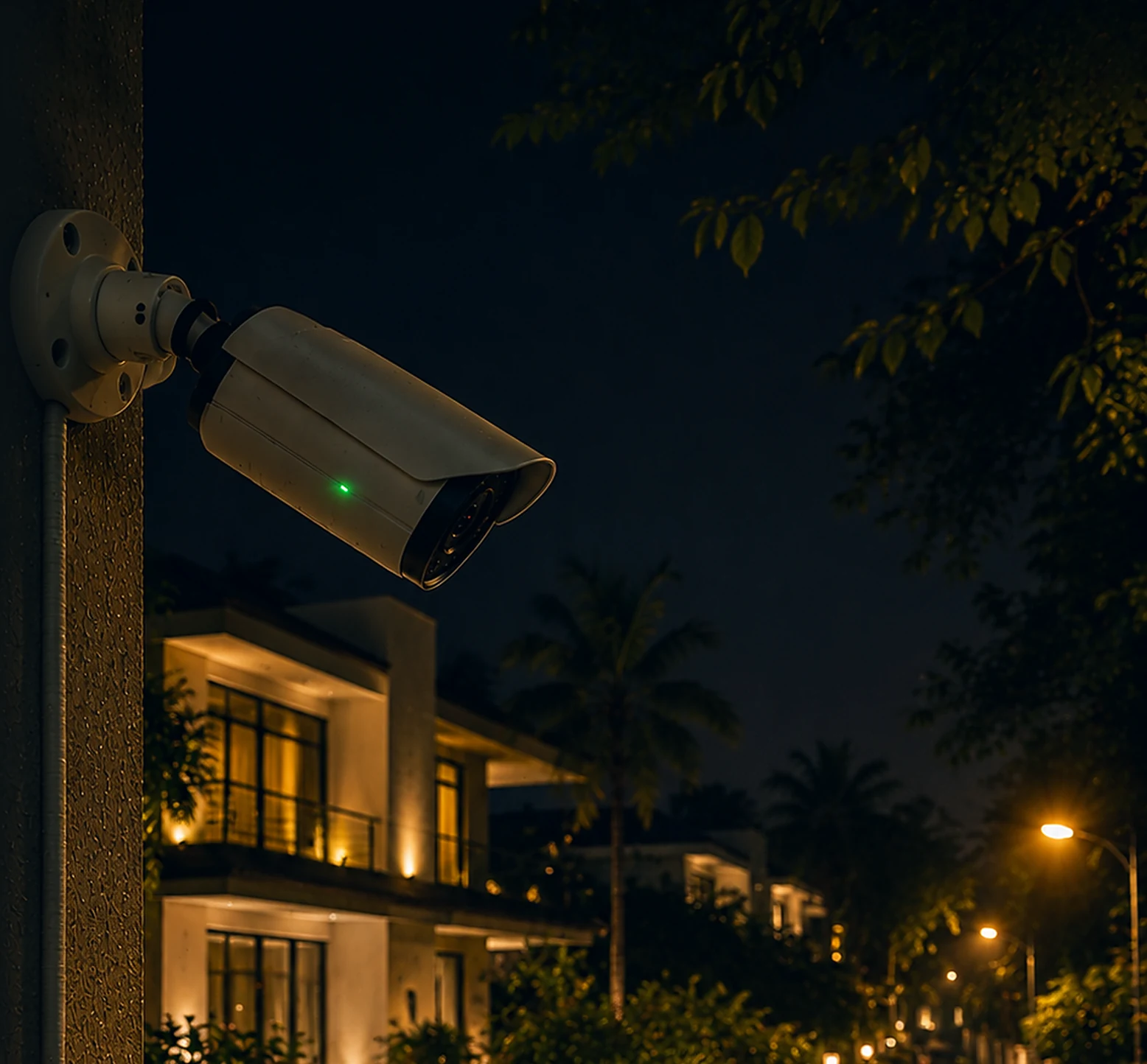 Bullet CCTV camera mounted against a dark sky, its lens ring lit emerald