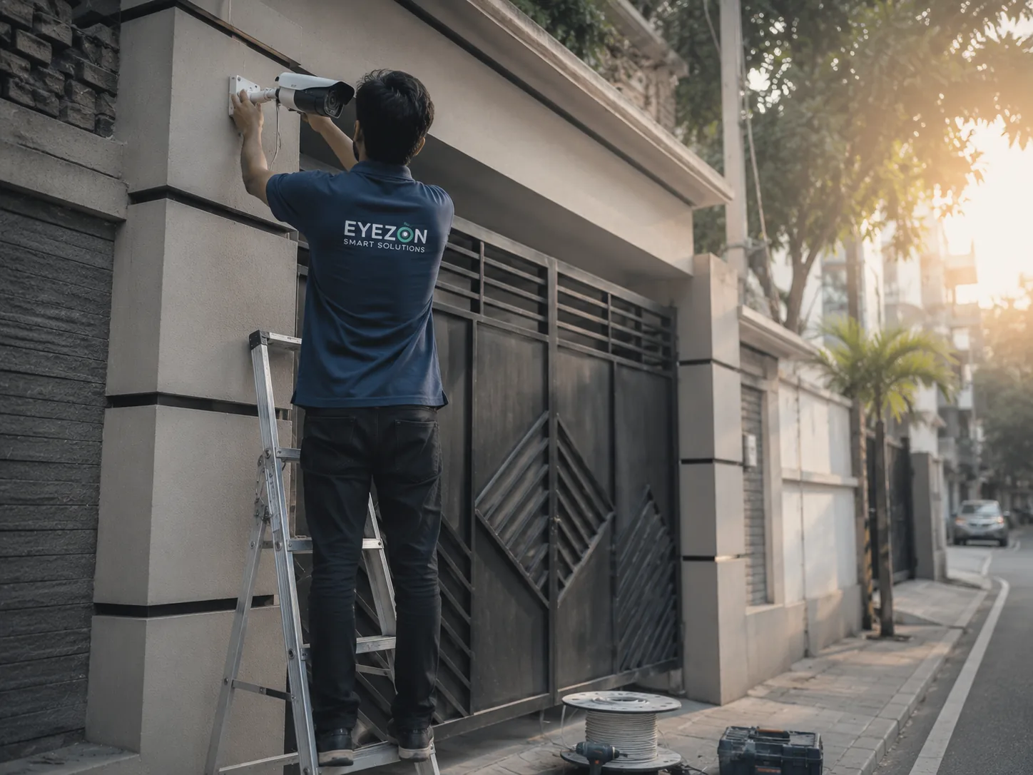 A CCTV camera being mounted on an exterior wall during installation