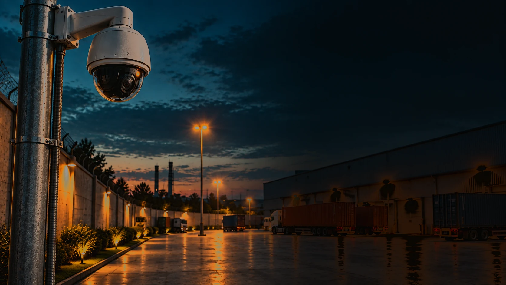 PTZ camera on an industrial perimeter at dusk