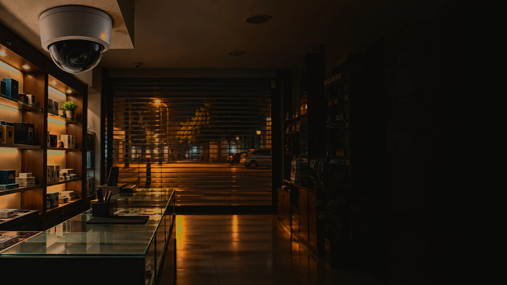 Dome camera above a shop counter at night