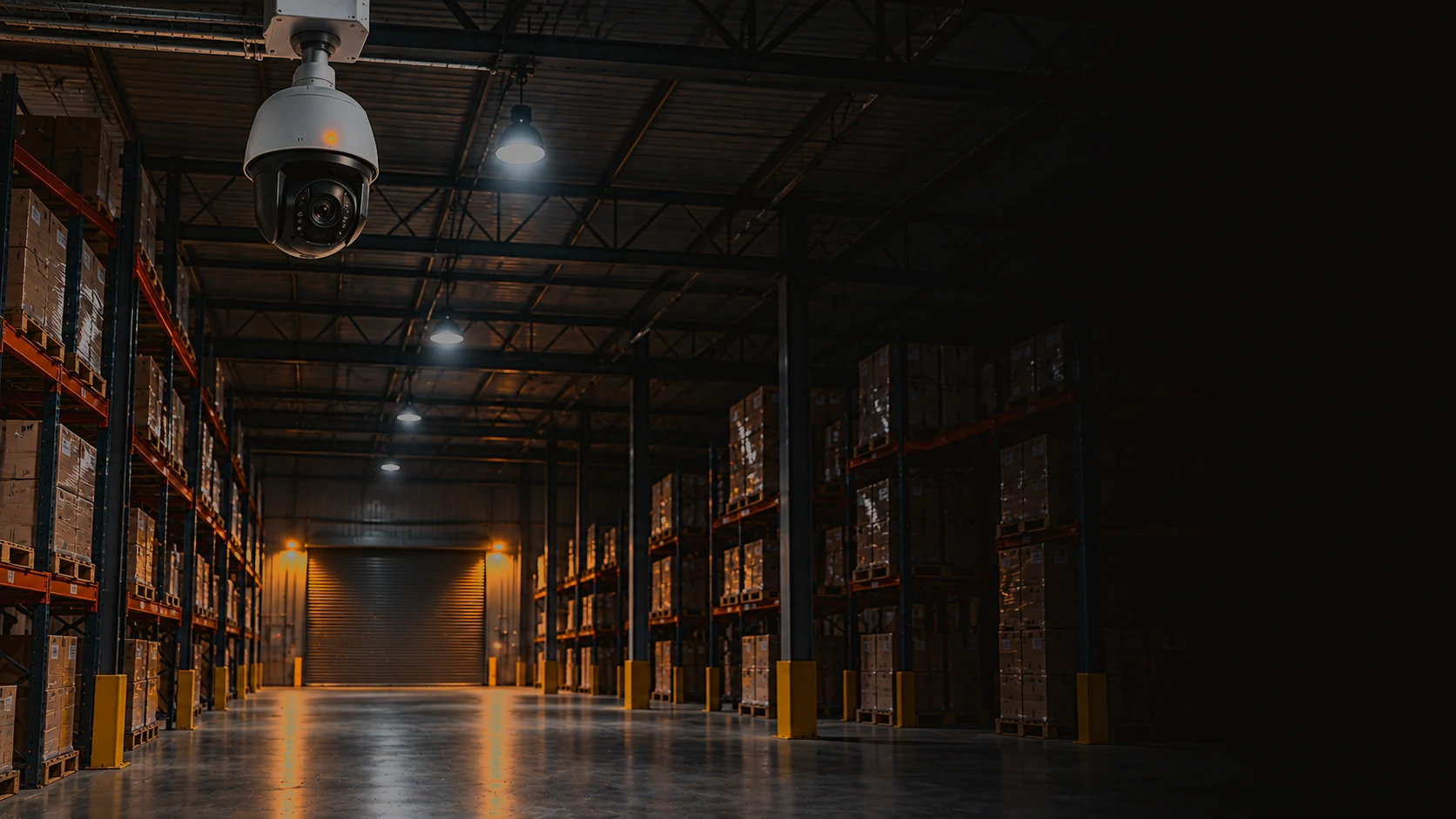 Camera above a warehouse aisle